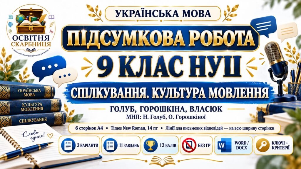 Головне зображення розробки: ПІДСУМКОВА РОБОТА З УКРАЇНСЬКОЇ МОВИ — 9 КЛАС НУШ. Тема: «Спілкування. Культура мовлення». МНП: Н. Голуб, О. Горошкіна