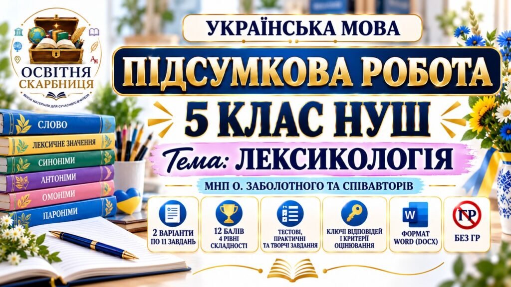 Головне зображення розробки: ПІДСУМКОВА РОБОТА З УКРАЇНСЬКОЇ МОВИ — 5 КЛАС НУШ. Тема: «Лексикологія». МНП: О. Заболотного