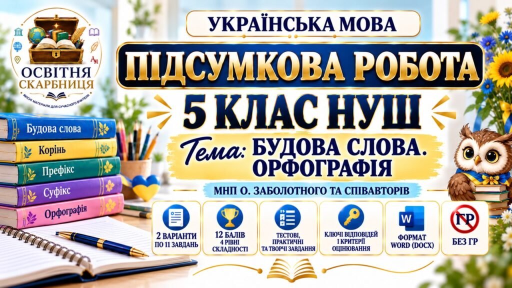 Головне зображення розробки: ПІДСУМКОВА РОБОТА З УКРАЇНСЬКОЇ МОВИ — 5 КЛАС НУШ. Тема: «Будова слова. Орфографія». МНП: О. Заболотного