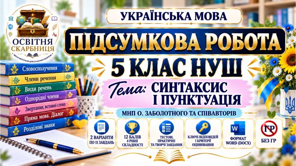 Головне зображення розробки: ПІДСУМКОВА РОБОТА З УКРАЇНСЬКОЇ МОВИ — 5 КЛАС НУШ. Тема: «Синтаксис і пунктуація». МНП: О. Заболотного