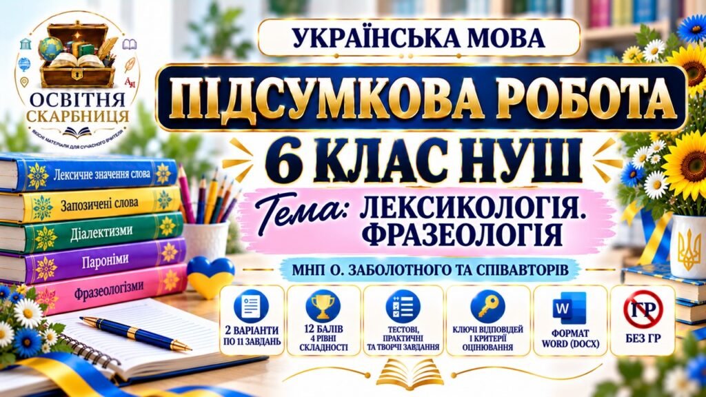 Головне зображення розробки: ПІДСУМКОВА РОБОТА З УКРАЇНСЬКОЇ МОВИ — 6 КЛАС НУШ. Тема: «Лексикологія. Фразеологія». МНП: О. Заболотного