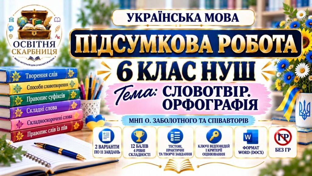 Головне зображення розробки: ПІДСУМКОВА РОБОТА З УКРАЇНСЬКОЇ МОВИ — 6 КЛАС НУШ. Тема: «Словотвір. Орфографія». МНП: О. Заболотного