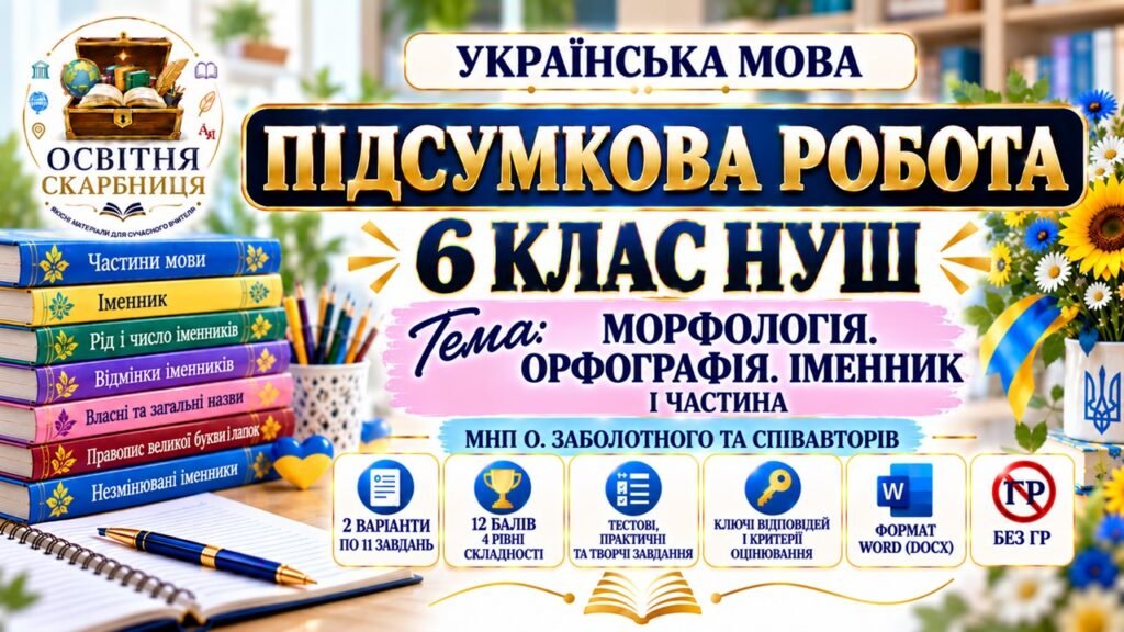 Головне зображення розробки: ПІДСУМКОВА РОБОТА З УКРАЇНСЬКОЇ МОВИ — 6 КЛАС НУШ. Тема: «Морфологія. Орфографія. Іменник» — І ЧАСТИНА. МНП: О. Заболотного
