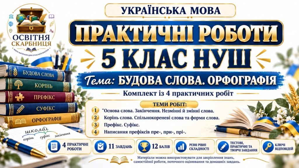 Головне зображення розробки: Практичні роботи з української мови. 5 клас НУШ Тема: «Будова слова. Орфографія» (4 роботи)
