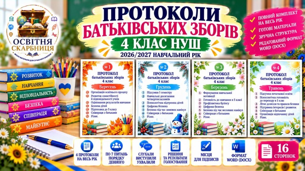 Головне зображення розробки: ПРОТОКОЛИ БАТЬКІВСЬКИХ ЗБОРІВ — 4 КЛАС НУШ | 2026/2027