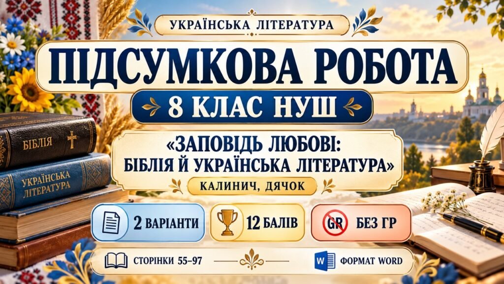 Головне зображення розробки: ПІДСУМКОВА РОБОТА З УКРАЇНСЬКОЇ ЛІТЕРАТУРИ — 8 КЛАС НУШ. Тема: «Заповідь любові: Біблія й українська література». Підручник: О.Калинич