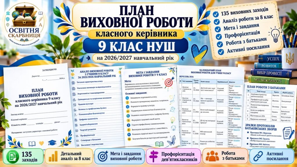 Головне зображення розробки: План виховної роботи класного керівника 9 класу НУШ на 2026/2027 навчальний рік | 135 заходів | Активні посилання