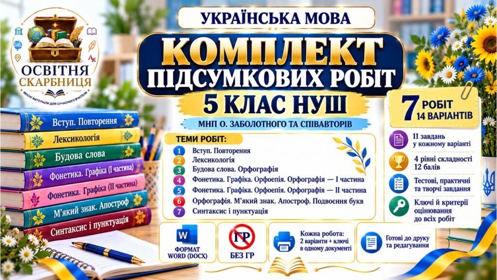 Головне зображення розробки: КОМПЛЕКТ ПІДСУМКОВИХ РОБІТ З УКРАЇНСЬКОЇ МОВИ — 5 КЛАС НУШ. МНП О. Заболотного