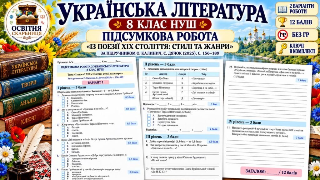 Головне зображення розробки: ПІДСУМКОВА РОБОТА З УКРАЇНСЬКОЇ ЛІТЕРАТУРИ. 8 КЛАС НУШ. Тема: «Із поезії ХІХ століття: стилі та жанри». Підручник: О.Калинич