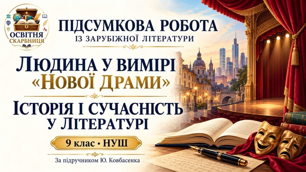 Головне зображення розробки: ПІДСУМКОВА РОБОТА із зар літ. Теми: «Людина у вимірі “нової драми”. Історія і сучасність у літературі» За підручником: Ю. Ковбасенка.9 клас НУШ
