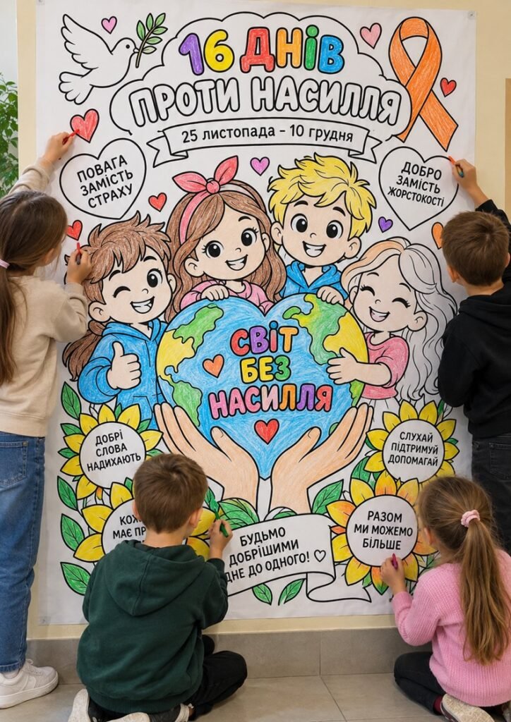 Головне зображення розробки: 🧡🎨 Велика тематична розмальовка «16 днів проти насильства» 1, 4, 9, 16, 25 аркушів