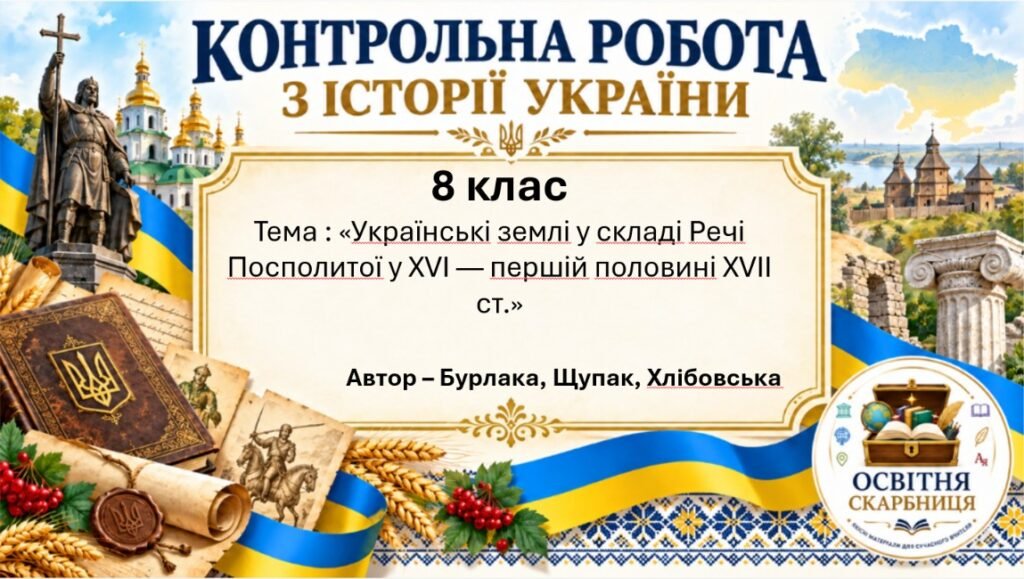 Головне зображення розробки: Підсумкова контрольна робота «Українські землі у складі Речі Посполитої у XVI — першій половині XVII ст.» | Історія України | 8 клас НУШ | Бурлака, Щу