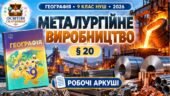 Робочі аркуші з географії. 9 клас НУШ. Урок 22. «Металургійне виробництво». § 20. За підручником С. П. Запотоцького та співавторів (2026)