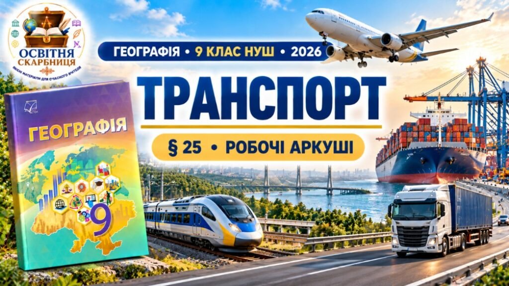 Головне зображення розробки: Робочі аркуші з географії. 9 клас НУШ. Урок 28. «Транспорт». § 25. За підручником С. П. Запотоцького та співавторів (2026)
