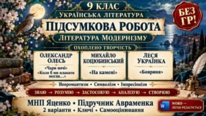 9 клас. Підсумкова (діагностична) робота “Література модернізму” МНП Яценко; підручник Авраменка; 2 вар. (без ГР)! (Олесь, Коцюбинський, Українка)
