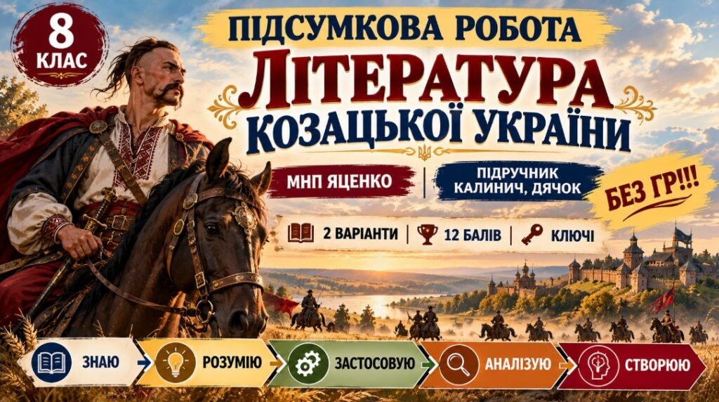 Головне зображення розробки: 8 клас. Підсумкова (діагностична) робота з укр. л-ри “Література козацької України”; МНП Яценко; підр. Калинич; 2 варіанти; БЕЗ ГР!!!