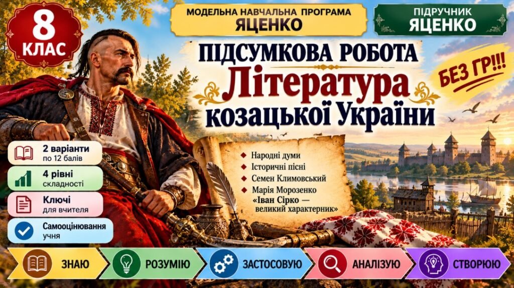 Головне зображення розробки: 8 клас. Підсумкова (діагностична) робота з укр. л-ри “Література козацької України”; МНП Яценко; підр. Яценко; 2 варіанти; БЕЗ ГР!!!