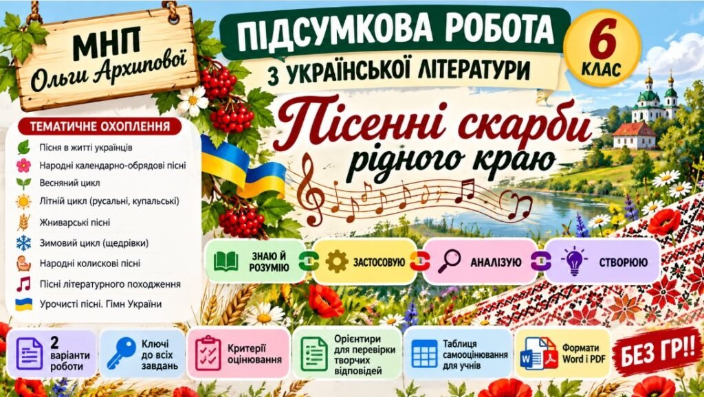 Головне зображення розробки: 6 клас. Укр.л-ра. Підсумкова (діагностична) робота “Пісенні скарби рідного краю”; МНП Архипової; 2 варіанти