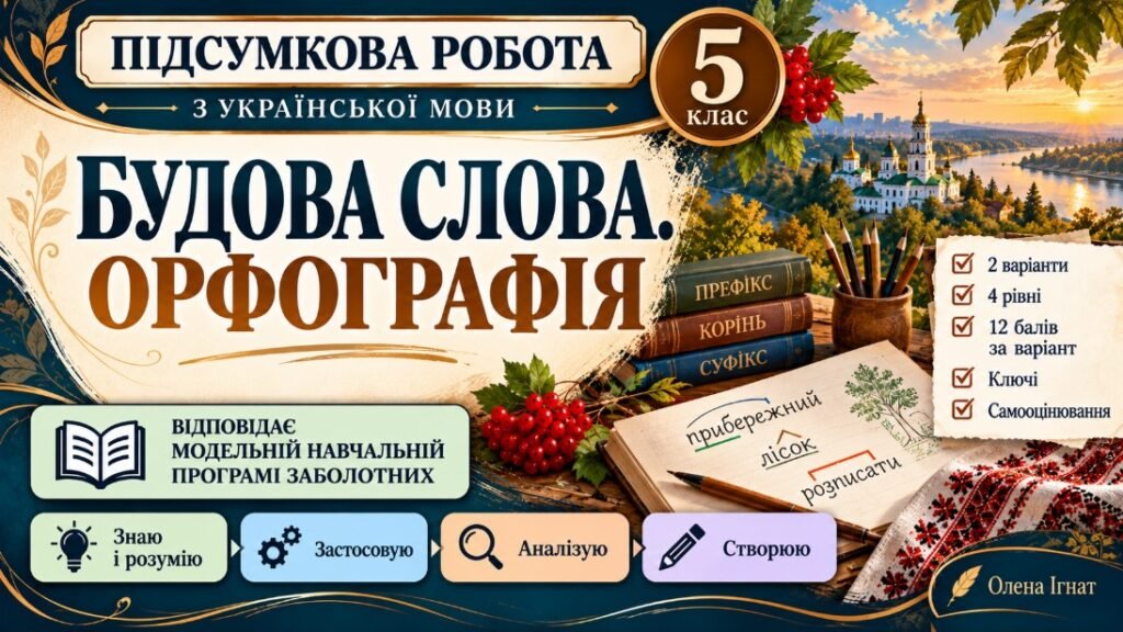 Головне зображення розробки: 5 клас. Укр.мова. Підсумкова (діагностична) робота “Будова слова. Орфографія”; МНП Заболотних; 2 варіанти; БЕЗ ГР!!